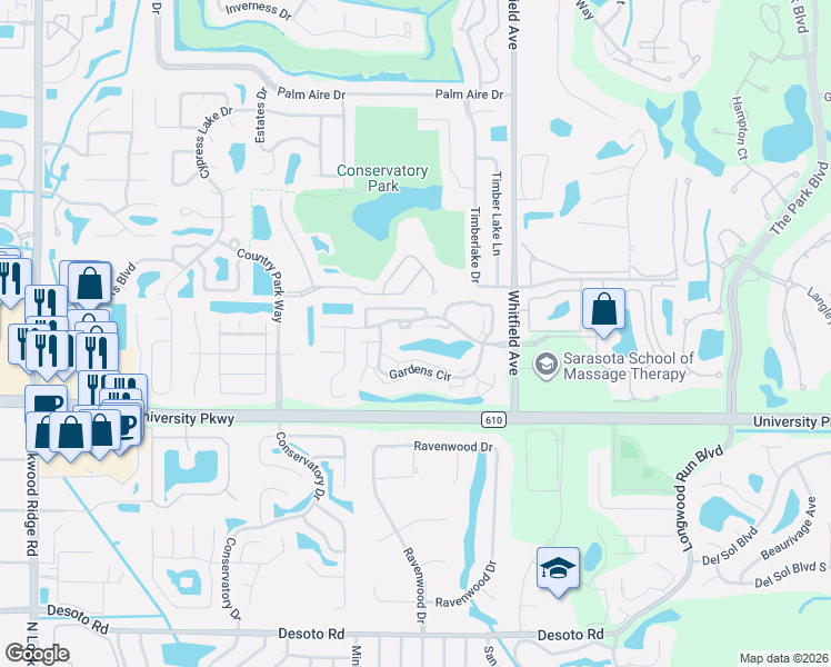 map of restaurants, bars, coffee shops, grocery stores, and more near 5512 Gardens Drive in Sarasota
