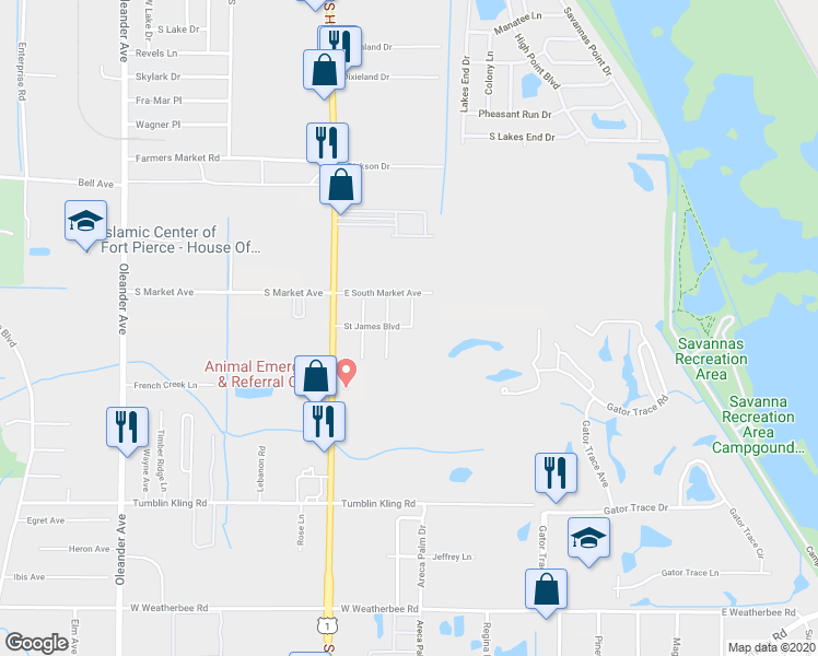 map of restaurants, bars, coffee shops, grocery stores, and more near 819 Saint James Boulevard in Fort Pierce