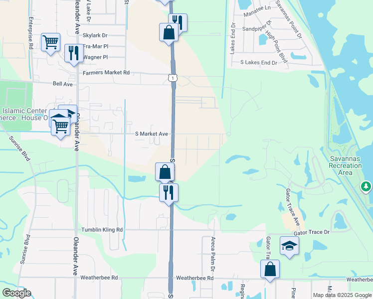 map of restaurants, bars, coffee shops, grocery stores, and more near Saint James Boulevard in Fort Pierce