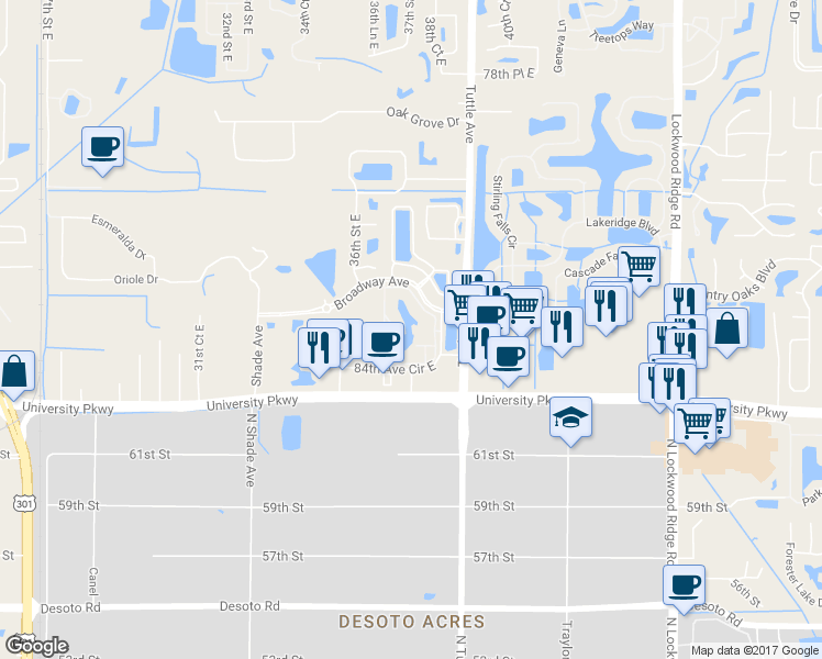 map of restaurants, bars, coffee shops, grocery stores, and more near 8357 38th Street Circle East in Sarasota