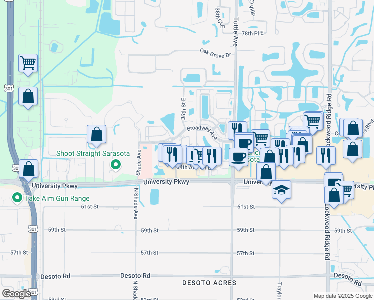 map of restaurants, bars, coffee shops, grocery stores, and more near 2601 University Parkway in Sarasota