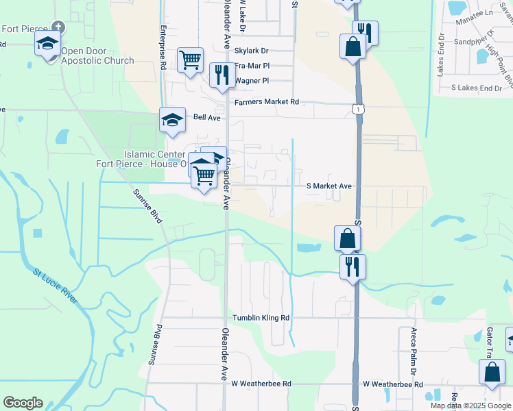 map of restaurants, bars, coffee shops, grocery stores, and more near 903 South Market Avenue in Fort Pierce