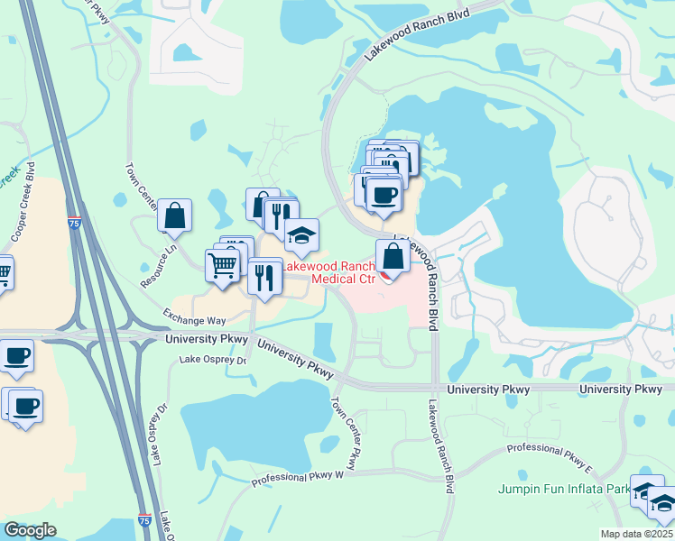 map of restaurants, bars, coffee shops, grocery stores, and more near 9135 Town Center Parkway in Bradenton