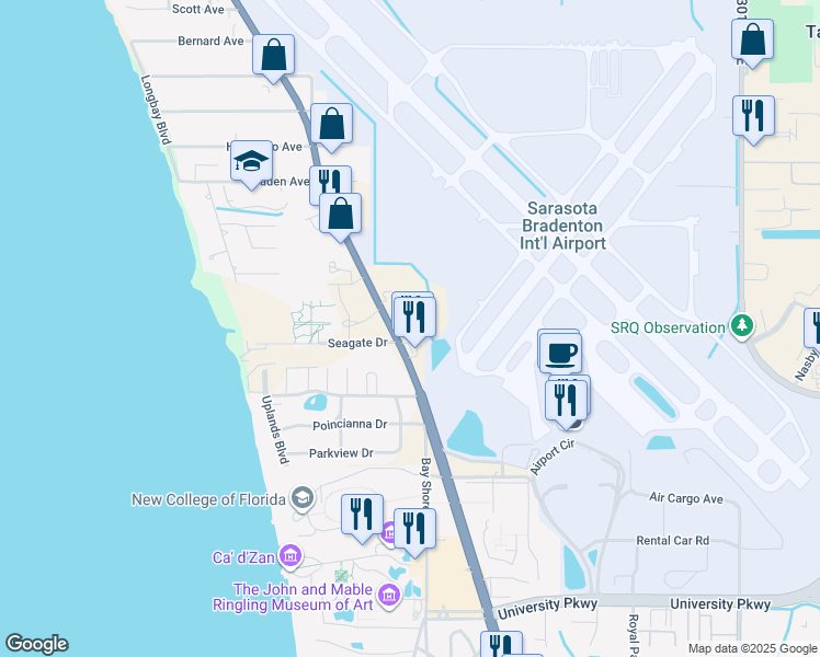 map of restaurants, bars, coffee shops, grocery stores, and more near 8375 North Tamiami Trail in Sarasota