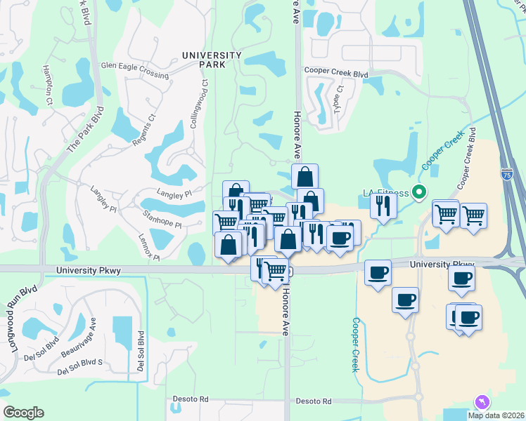 map of restaurants, bars, coffee shops, grocery stores, and more near 7284 83rd Drive East in Bradenton