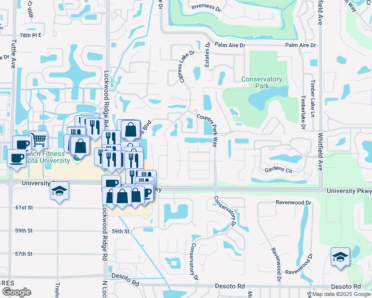map of restaurants, bars, coffee shops, grocery stores, and more near 8328 Brandeis Circle South in Sarasota