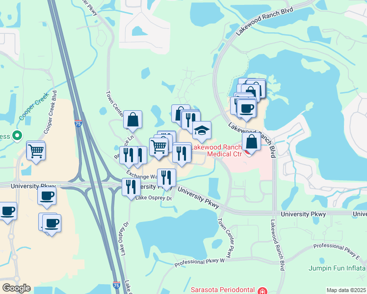map of restaurants, bars, coffee shops, grocery stores, and more near 9105 Town Center Parkway in Lakewood Ranch