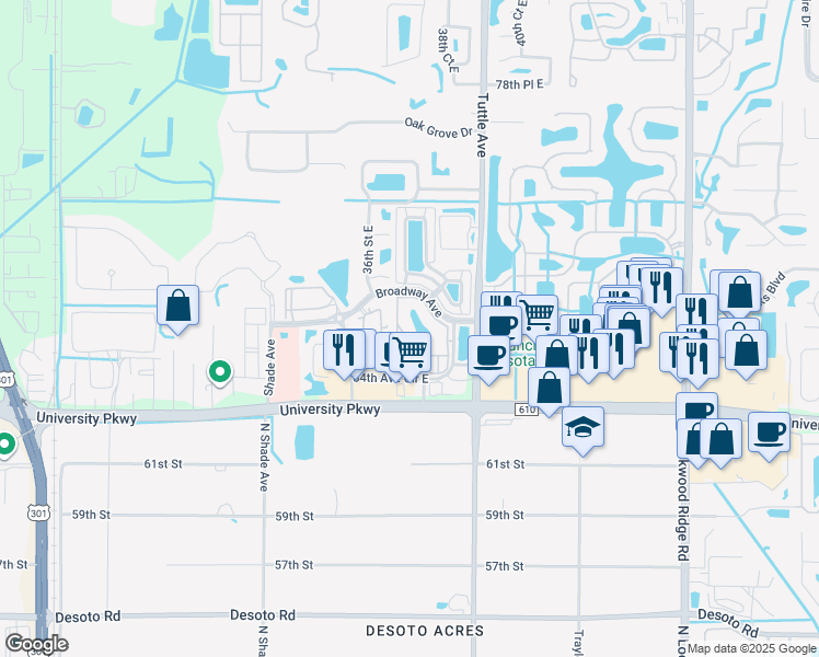 map of restaurants, bars, coffee shops, grocery stores, and more near 8357 38th Street Circle East in Sarasota