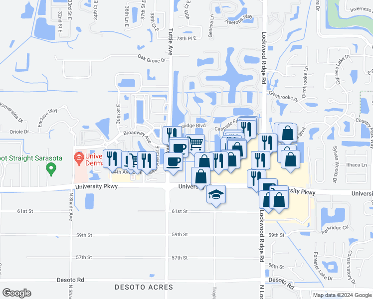 map of restaurants, bars, coffee shops, grocery stores, and more near 4068 Cascade Falls Drive in Sarasota