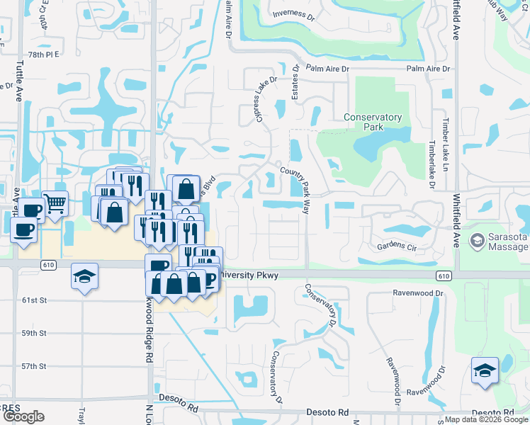 map of restaurants, bars, coffee shops, grocery stores, and more near 8328 Brandeis Circle South in Sarasota
