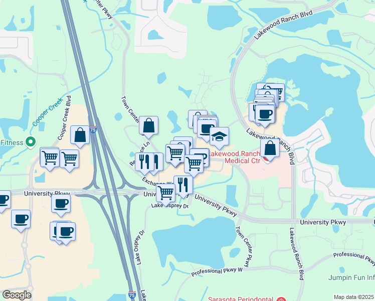 map of restaurants, bars, coffee shops, grocery stores, and more near 9095 Town Center Parkway in Bradenton