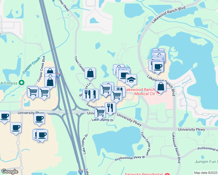 map of restaurants, bars, coffee shops, grocery stores, and more near 9095 Town Center Parkway in Bradenton