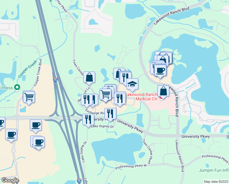 map of restaurants, bars, coffee shops, grocery stores, and more near 9105 Town Center Parkway in Lakewood Ranch