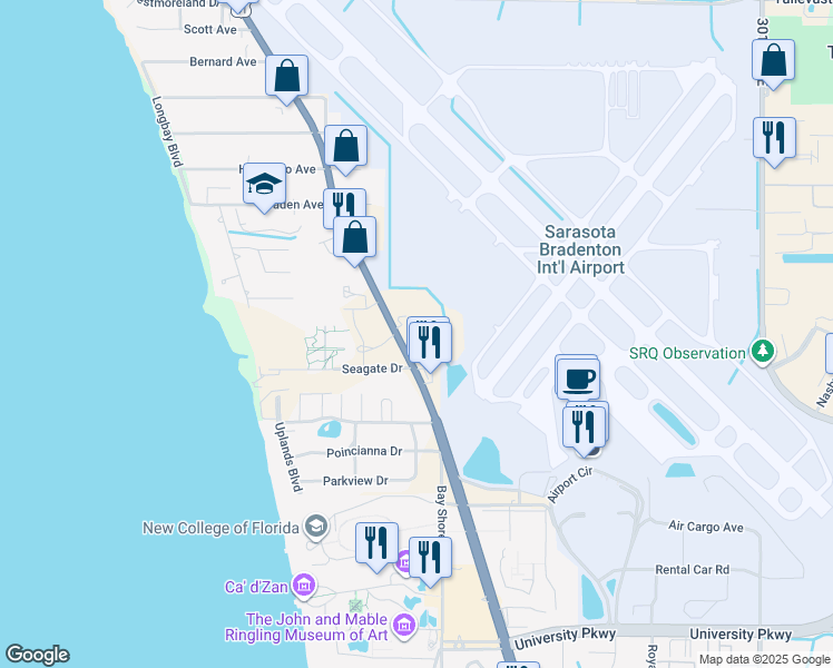 map of restaurants, bars, coffee shops, grocery stores, and more near 8375 North Tamiami Trail in Sarasota
