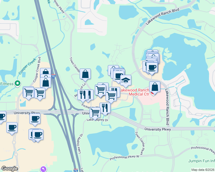 map of restaurants, bars, coffee shops, grocery stores, and more near 9095 Town Center Parkway in Bradenton