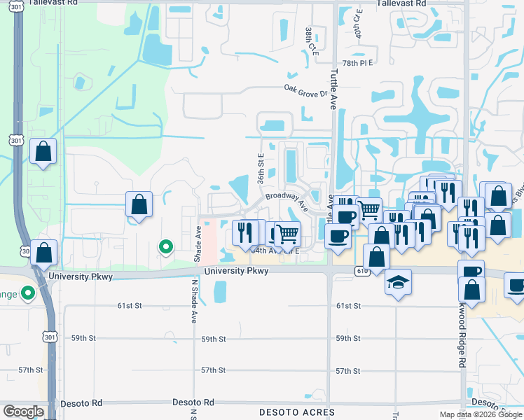map of restaurants, bars, coffee shops, grocery stores, and more near 2601 University Parkway in Sarasota