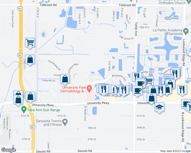 map of restaurants, bars, coffee shops, grocery stores, and more near 8340 Bella Grove Circle in Sarasota