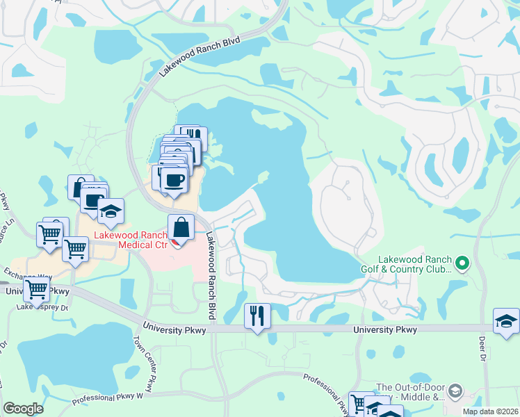 map of restaurants, bars, coffee shops, grocery stores, and more near 6515 Moorings Point Circle in Lakewood Ranch
