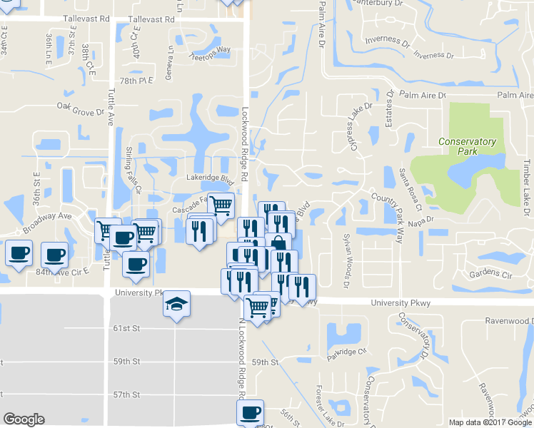 map of restaurants, bars, coffee shops, grocery stores, and more near 8226 46th Court East in Sarasota