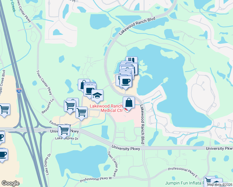 map of restaurants, bars, coffee shops, grocery stores, and more near 163 Lakewood Ranch Boulevard in Bradenton