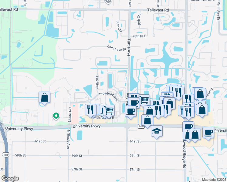 map of restaurants, bars, coffee shops, grocery stores, and more near 58335 38th Street Circle East in Sarasota