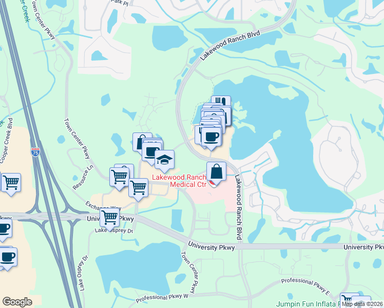 map of restaurants, bars, coffee shops, grocery stores, and more near 163 Lakewood Ranch Boulevard in Bradenton