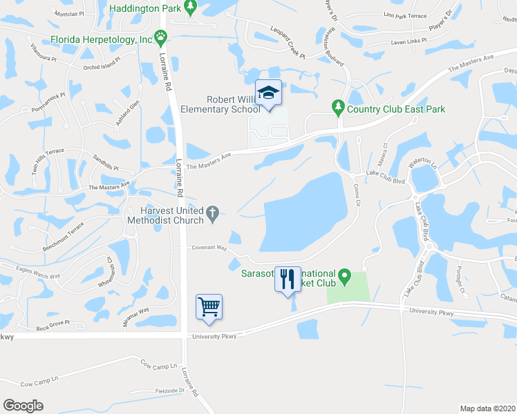 map of restaurants, bars, coffee shops, grocery stores, and more near 14700 The Masters Avenue in Lakewood Ranch