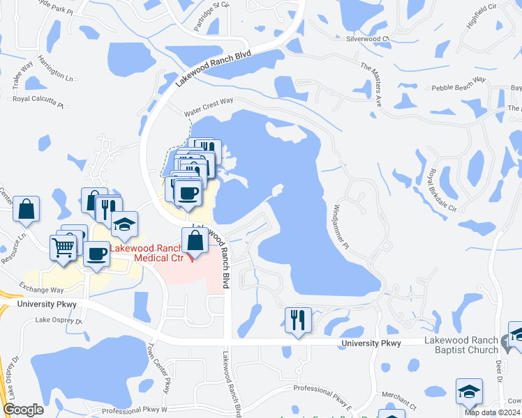 map of restaurants, bars, coffee shops, grocery stores, and more near 6511 Moorings Point Circle in Bradenton