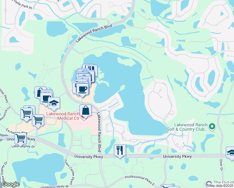 map of restaurants, bars, coffee shops, grocery stores, and more near 6503 Moorings Point Circle in Lakewood Ranch