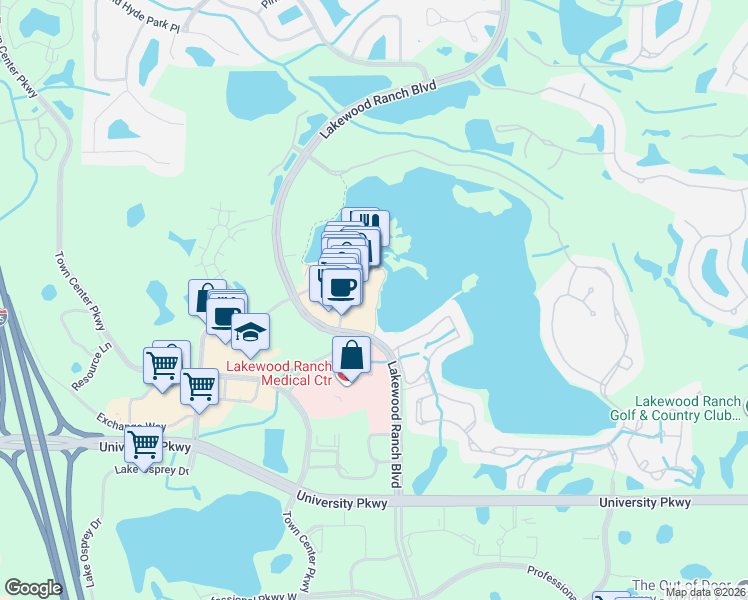 map of restaurants, bars, coffee shops, grocery stores, and more near 10755 Rodeo Drive in Lakewood Ranch