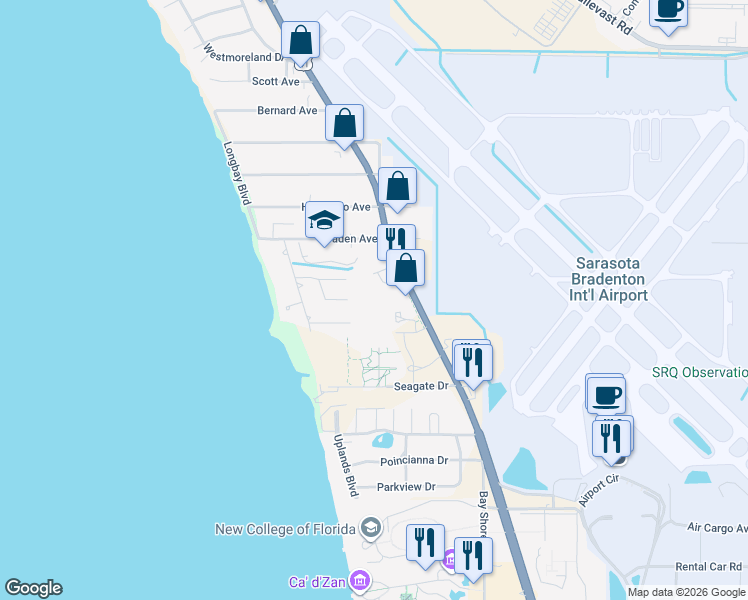 map of restaurants, bars, coffee shops, grocery stores, and more near 8250 North Tamiami Trail in Sarasota