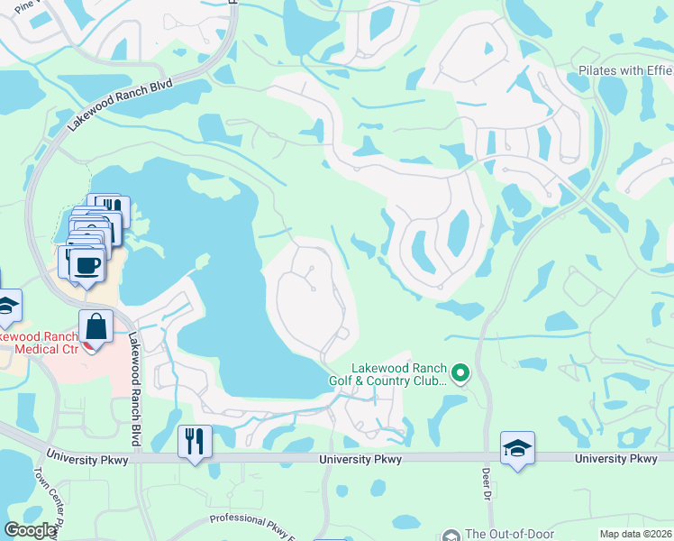 map of restaurants, bars, coffee shops, grocery stores, and more near 8041 Waterview Boulevard in Lakewood Ranch
