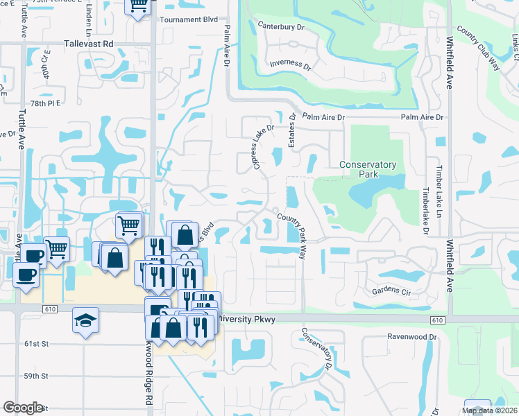map of restaurants, bars, coffee shops, grocery stores, and more near 8103 50th Street Circle East in Sarasota