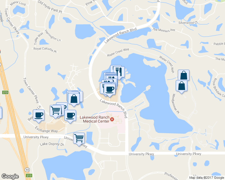 map of restaurants, bars, coffee shops, grocery stores, and more near 8131 Lakewood Main St in Bradenton