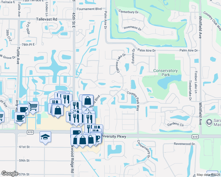 map of restaurants, bars, coffee shops, grocery stores, and more near 4911 82nd Place East in Sarasota