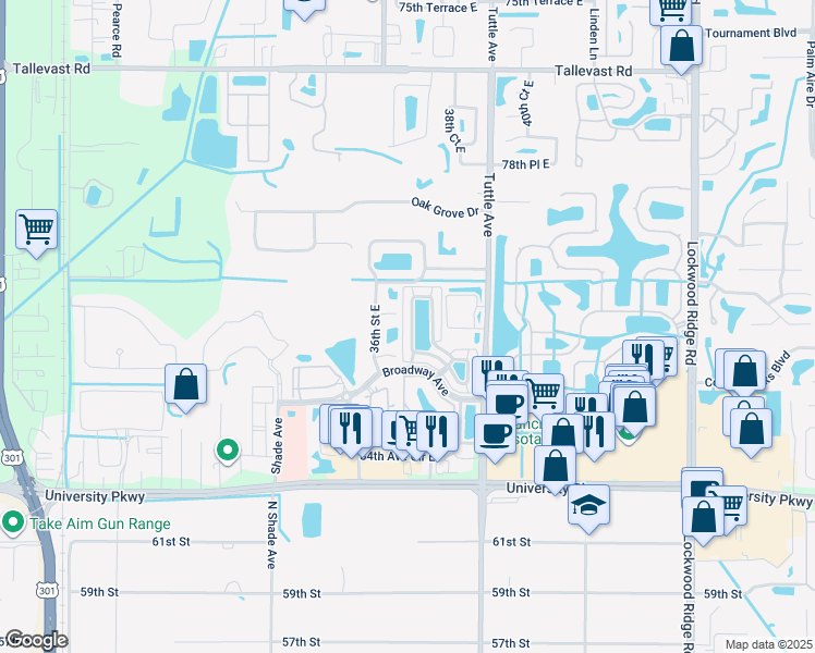 map of restaurants, bars, coffee shops, grocery stores, and more near 3740 82nd Avenue Circle East in Sarasota