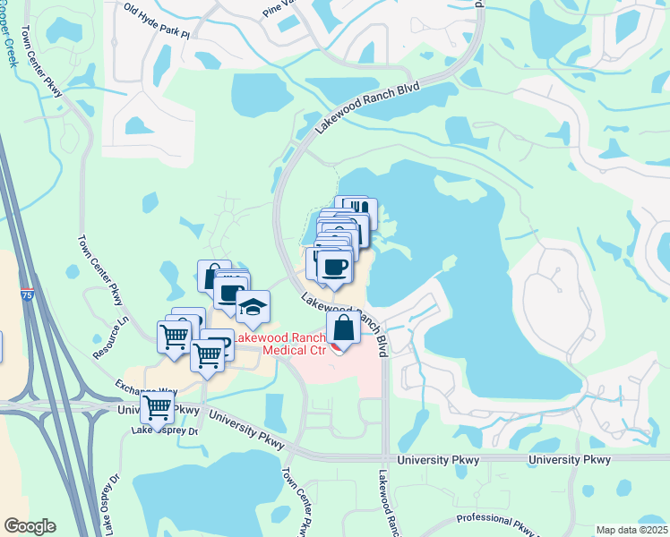 map of restaurants, bars, coffee shops, grocery stores, and more near 8130 Lakewood Main Street in Bradenton