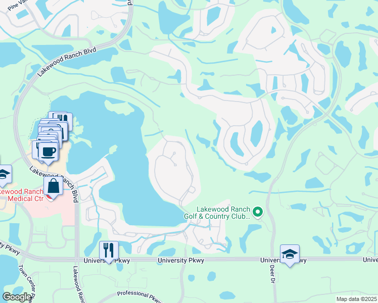 map of restaurants, bars, coffee shops, grocery stores, and more near 8041 Waterview Boulevard in Lakewood Ranch