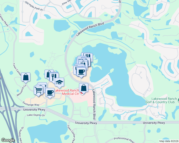 map of restaurants, bars, coffee shops, grocery stores, and more near 10755 Rodeo Drive in Lakewood Ranch
