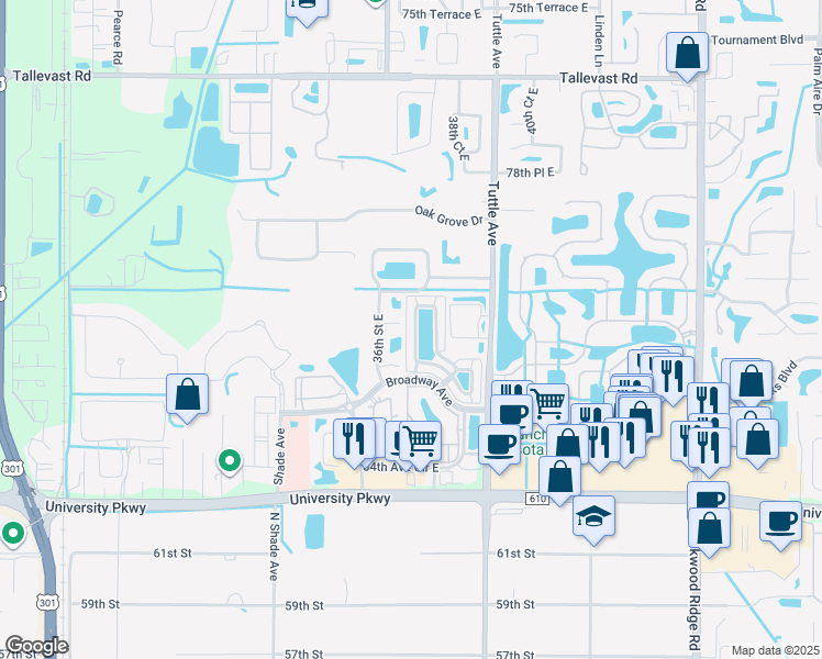 map of restaurants, bars, coffee shops, grocery stores, and more near 3740 82nd Avenue Circle East in Sarasota