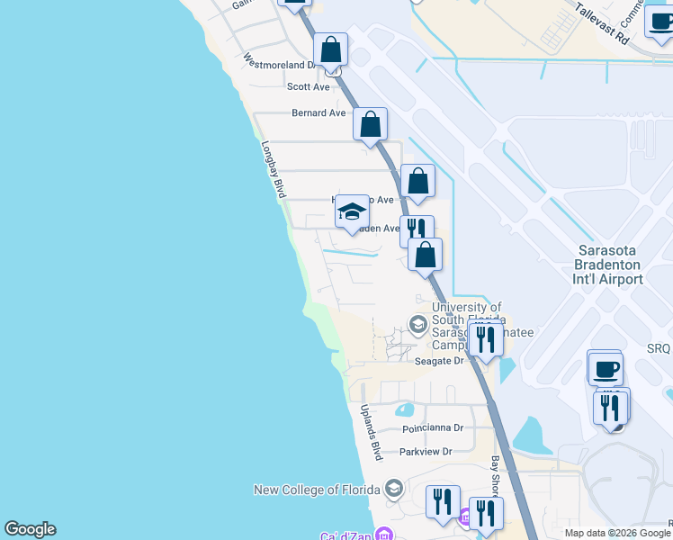 map of restaurants, bars, coffee shops, grocery stores, and more near 8223 Constance Drive in Sarasota