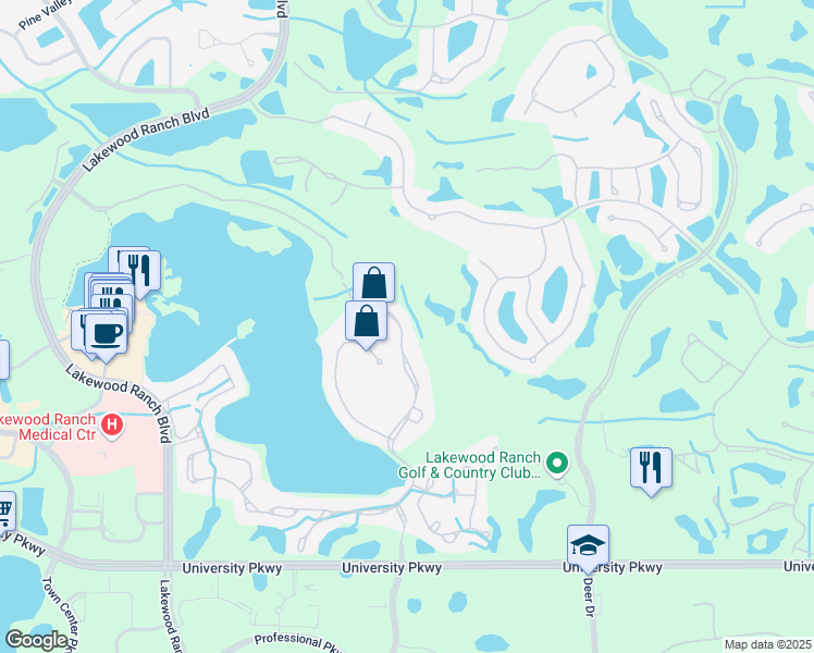 map of restaurants, bars, coffee shops, grocery stores, and more near 8041 Waterview Boulevard in Lakewood Ranch