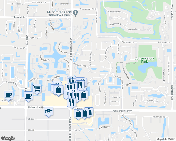 map of restaurants, bars, coffee shops, grocery stores, and more near 8159 Glenbrooke Court in Sarasota
