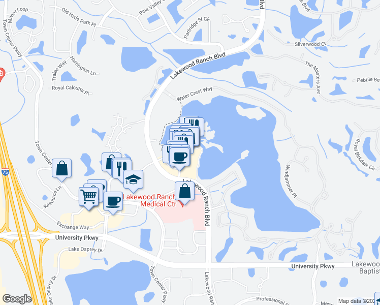 map of restaurants, bars, coffee shops, grocery stores, and more near 8130 Lakewood Main Street in Bradenton