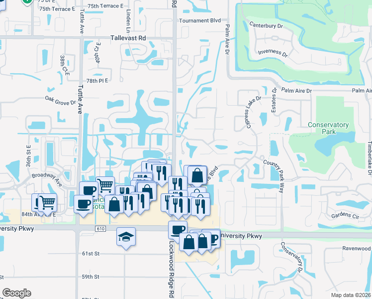 map of restaurants, bars, coffee shops, grocery stores, and more near 8115 45th Court East in Sarasota