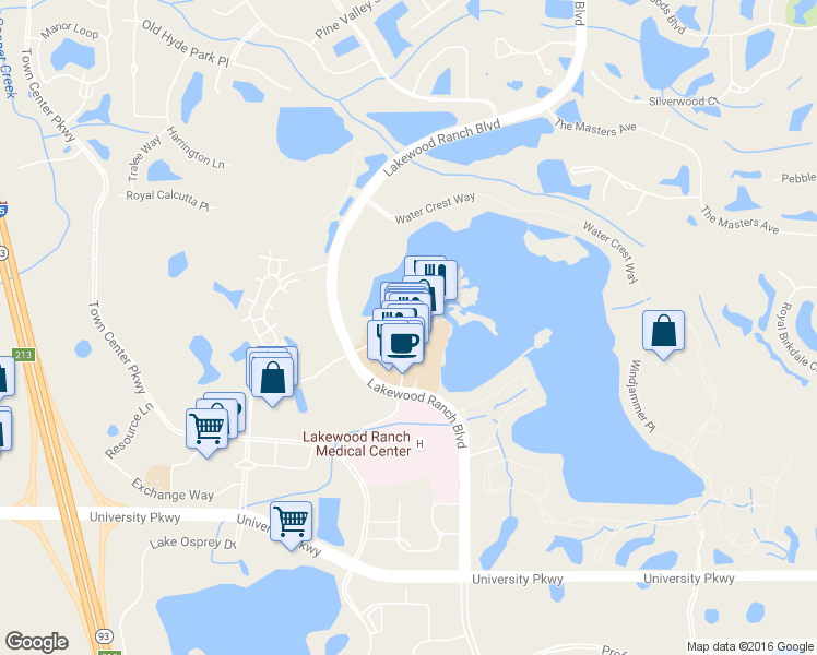 map of restaurants, bars, coffee shops, grocery stores, and more near 8110 Lakewood Main Street in Bradenton