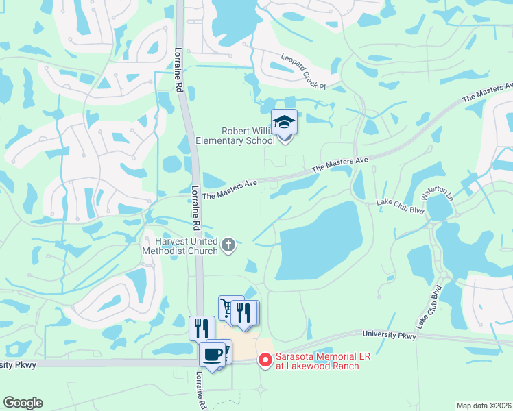 map of restaurants, bars, coffee shops, grocery stores, and more near 14705 The Masters Ave in Lakewood Ranch