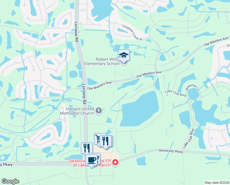 map of restaurants, bars, coffee shops, grocery stores, and more near 14700 The Masters Avenue in Bradenton