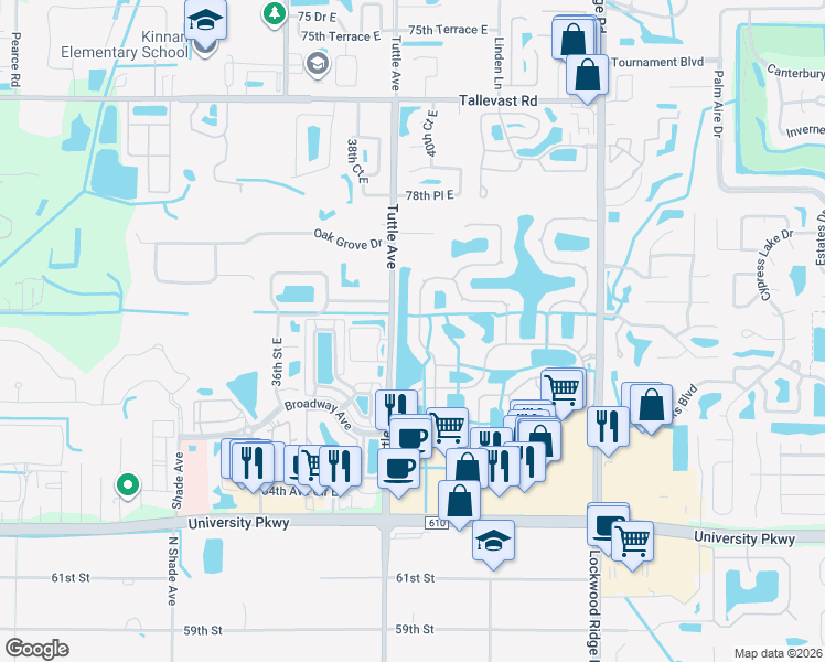 map of restaurants, bars, coffee shops, grocery stores, and more near 3824 80th Drive East in Sarasota