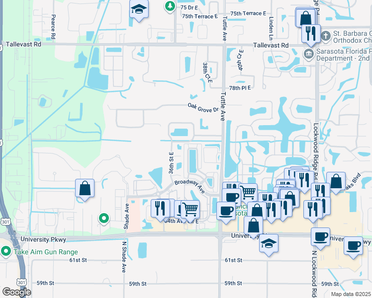map of restaurants, bars, coffee shops, grocery stores, and more near 3756 82nd Avenue Circle East in Sarasota